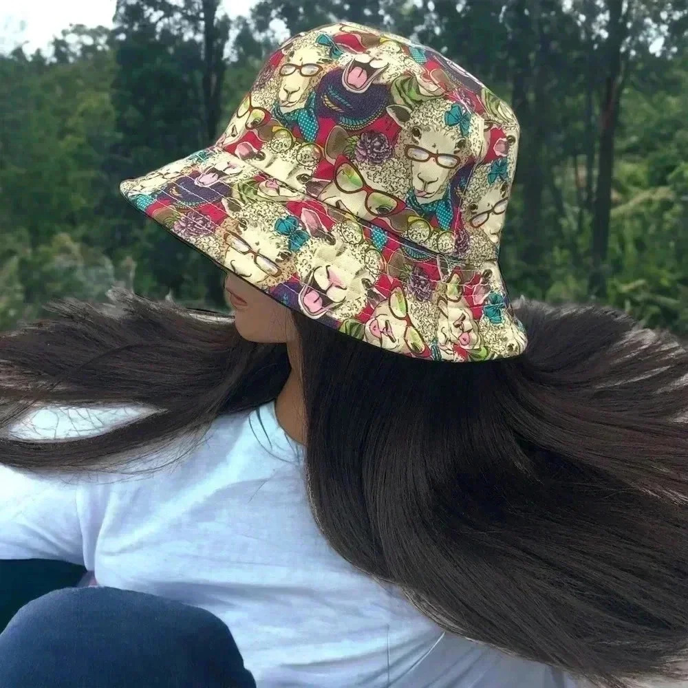 Boutique No Drama Laughing Llama Print Trendy Fully Reversible Bucket Hat OSFM